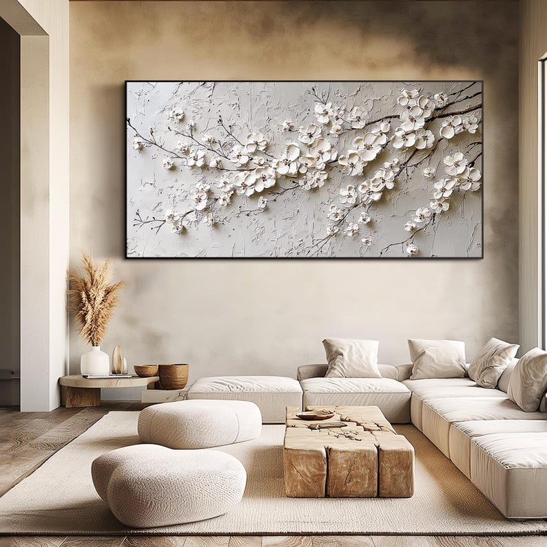 3D Textured Flower Painting White Blossom Wall Art Large Neutral Wall Art Floral Artwork Modern Minimalist Wall Art Boho Botanical Wall Art image 8