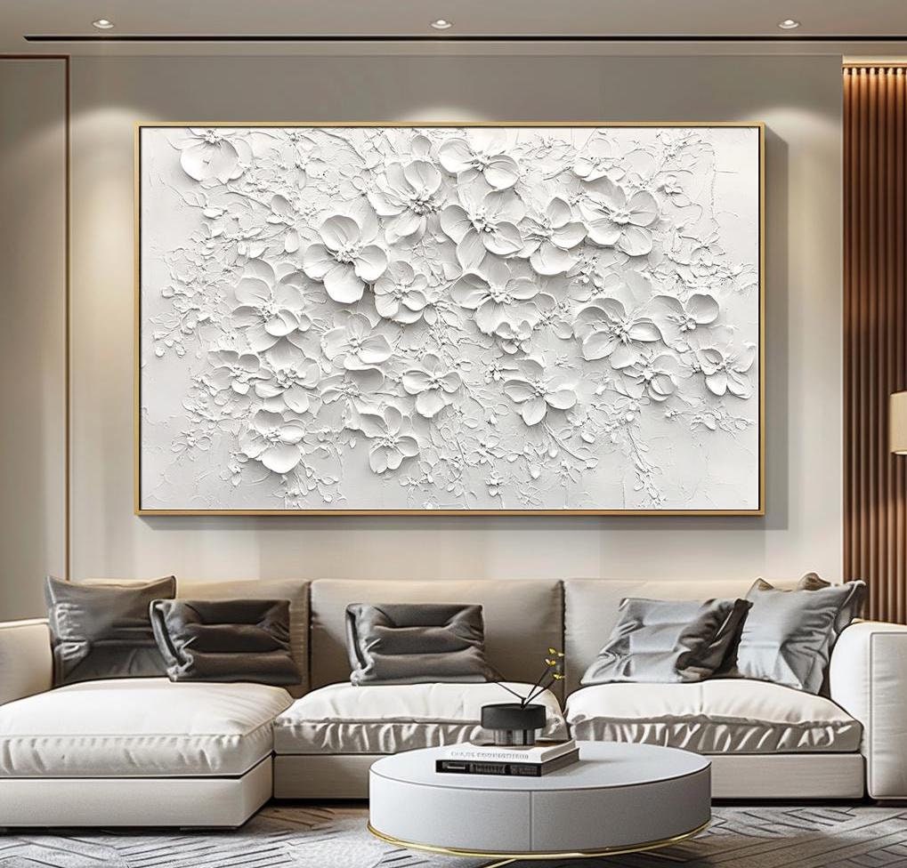 White Abstract Oil Painting on Canvas Original Texture Floral Wall Art Large 3D Plaster Wall Art Modern Minimalist Wall Art Large Wall Decor