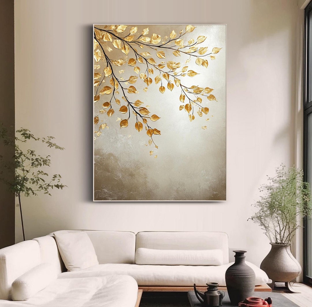 Abstract Leaves Oil Painting on Canvas Neutral Wall Art Golden ...