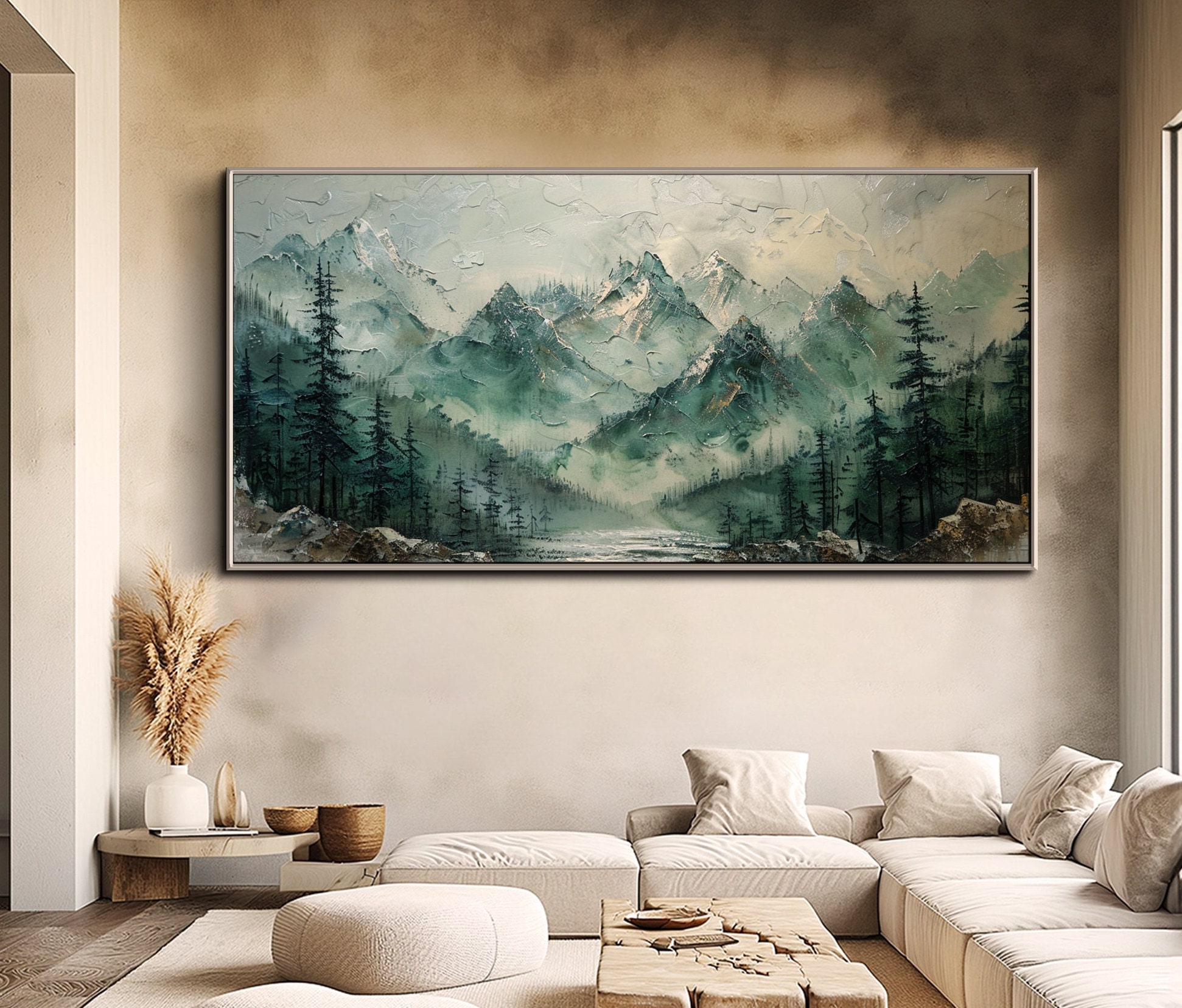 Mountain and Forest Painting on Canvas Original Green Wall Art ...