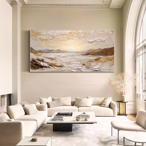 Landscape Painting on Canvas Original Neutral Wall Art Textured Wall Art Living Room Wall Art Office Decor Sunrise Oil Painting 3D Wall Art