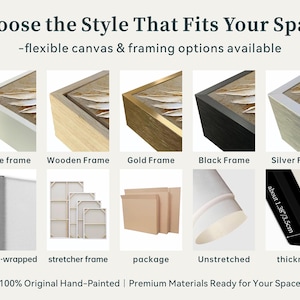 May include: A display showing framing and canvas options with text: Choose the Style That Fits Your Space. Includes white, wooden, gold, black, and silver frames, gallery-wrapped, stretcher frame, package, unstretched, and a 1.38 inch thickness.
