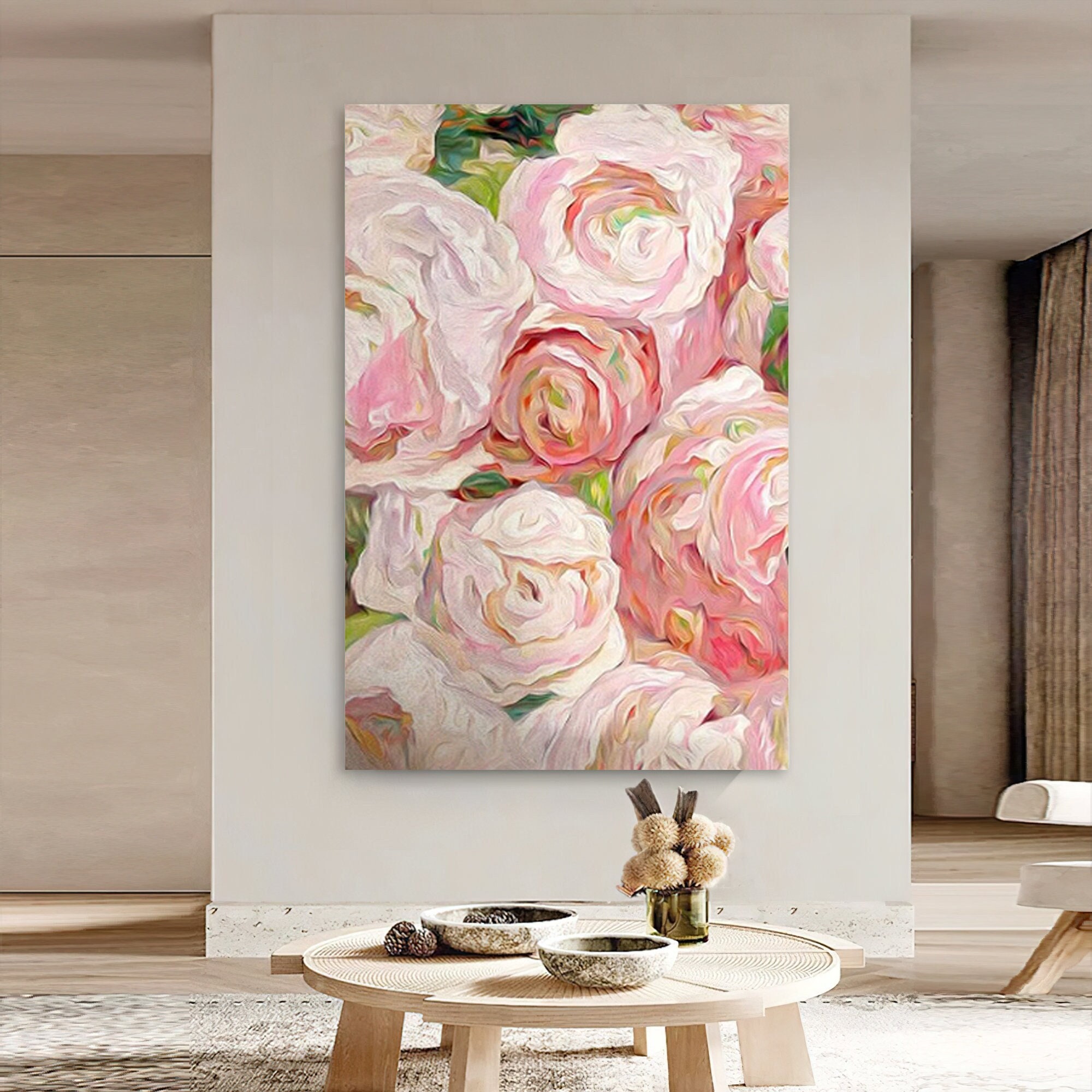 Pink Rose Oil Painting on Canvas Original Large Flower Wall Art Boho ...