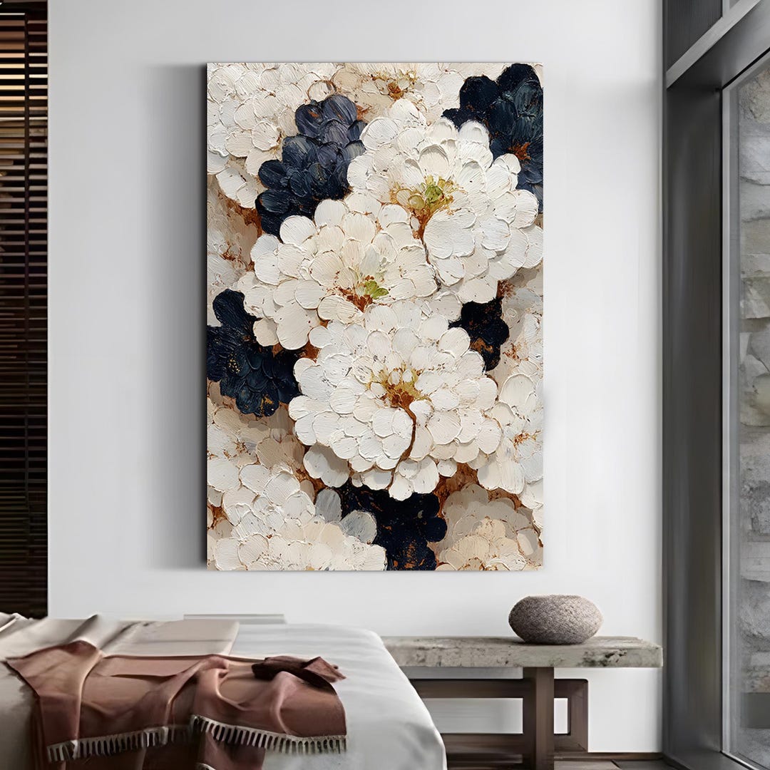 Original Textured Floral Oil Painting Large White Impasto Wall Art ...