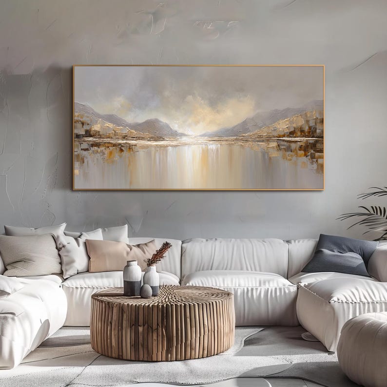 Original Landscape Oil Painting Neutral Mountain Lake Wall Art Canvas ...
