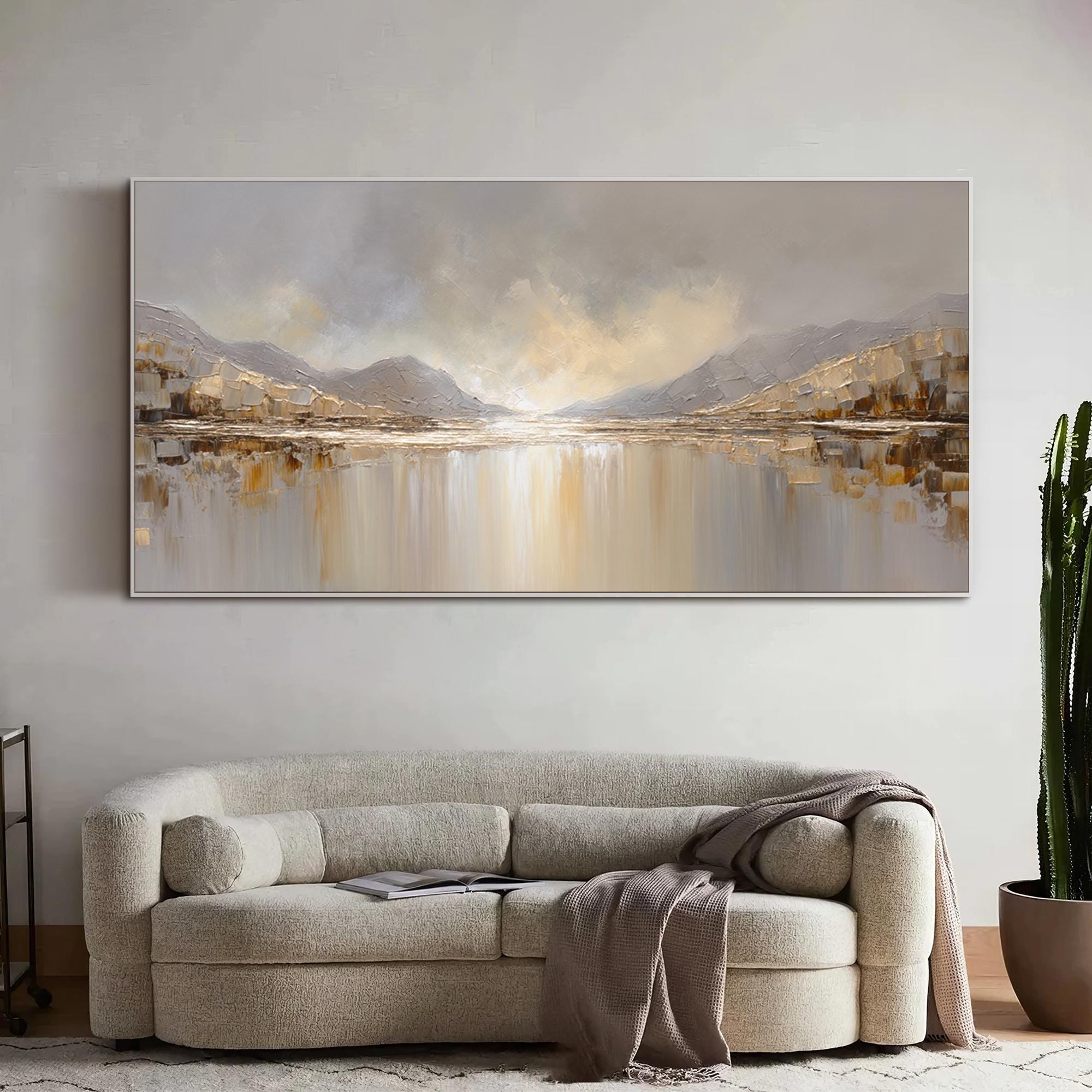 Original Landscape Oil Painting Neutral Mountain Lake Wall Art Canvas ...
