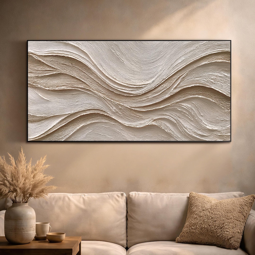 Abstract Wave Oil Painting Textured Neutral Wall Art Minimalist Beige ...