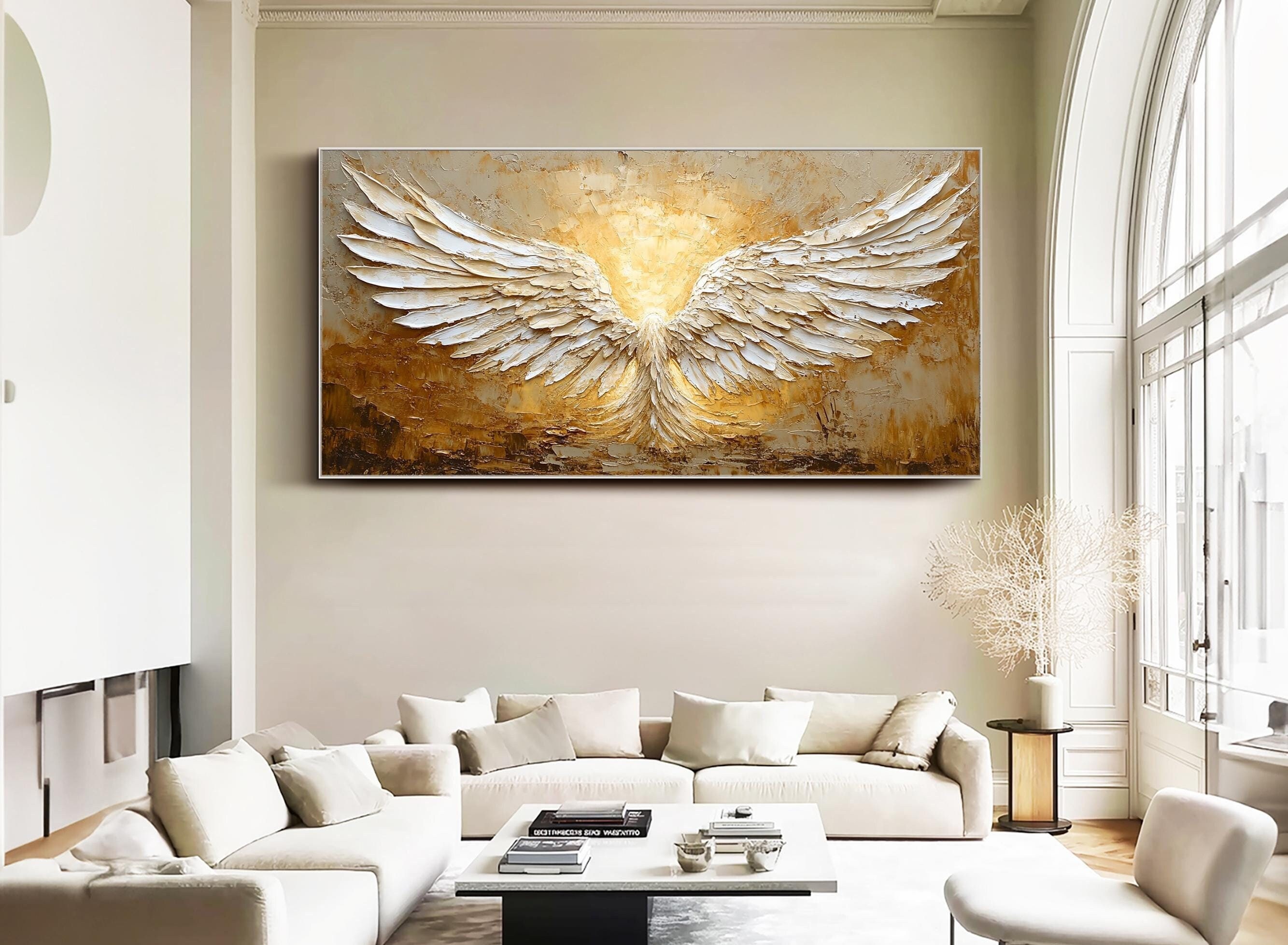 Abstract Angel Oil Painting 3D Textured Wall Art Original Canvas Painting Abstract White Wings Wall Art Living Room Wall Art Golden Wall Art