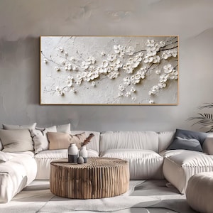 3D Textured Flower Painting White Blossom Wall Art Large Neutral Wall Art Floral Artwork Modern Minimalist Wall Art Boho Botanical Wall Art image 7