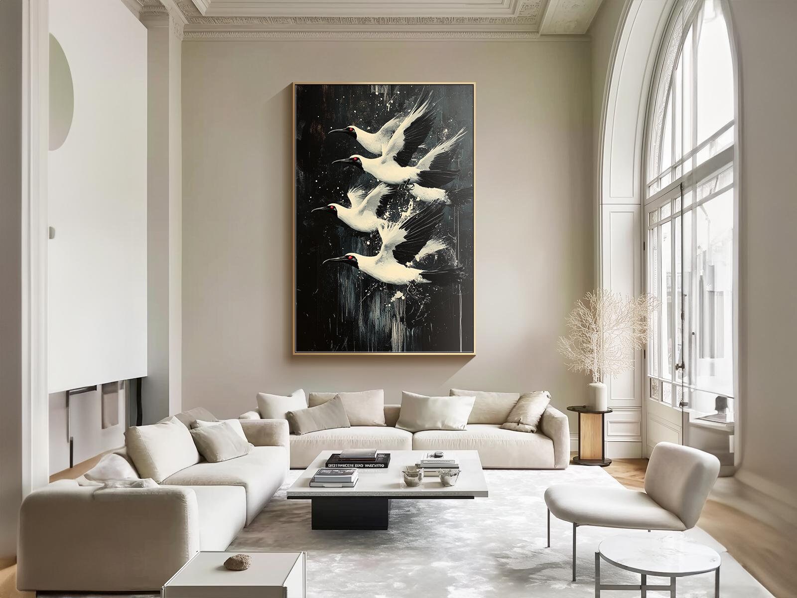 Original Texture Bird Oil Painting Abstract Black Wall Art Neutral Minimalist Wall Art Large Wall Decor LivingRoom Wall Art Acrylic Painting