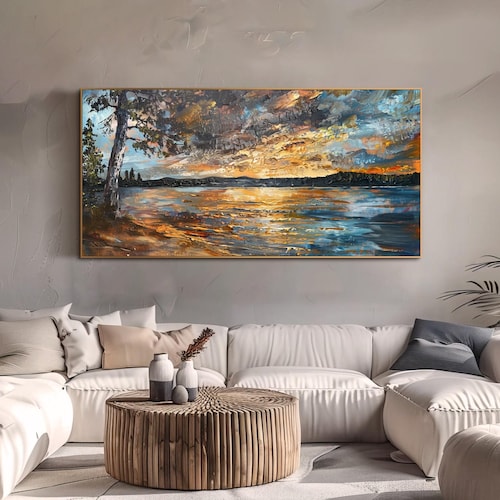 Coucher de soleil original peinture à l'huile sur toile art mural abstrait minimaliste rivière rivière salon art mural empâtement abstrait texture 3d art mural