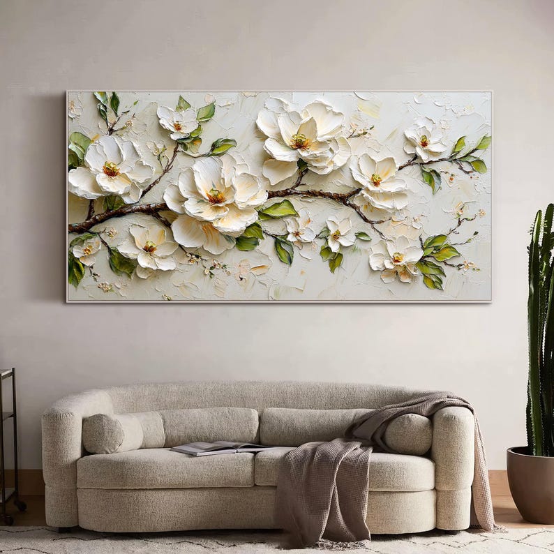 Textured Floral Wall Art Cream Blossom Oil Painting 3D Flower Canvas ...