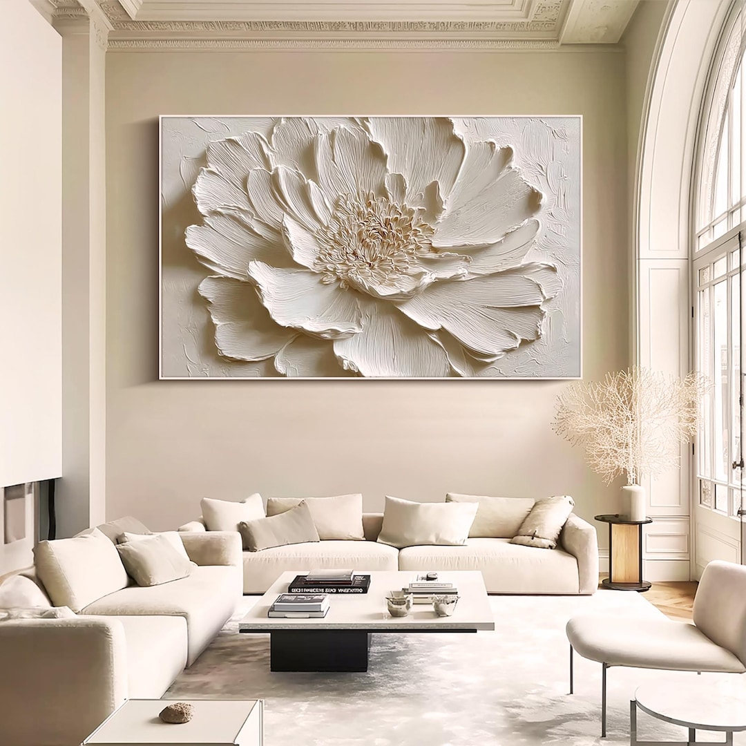Beige Flower Wall Art 3D Textured Floral Painting Large Canvas Wall Art ...