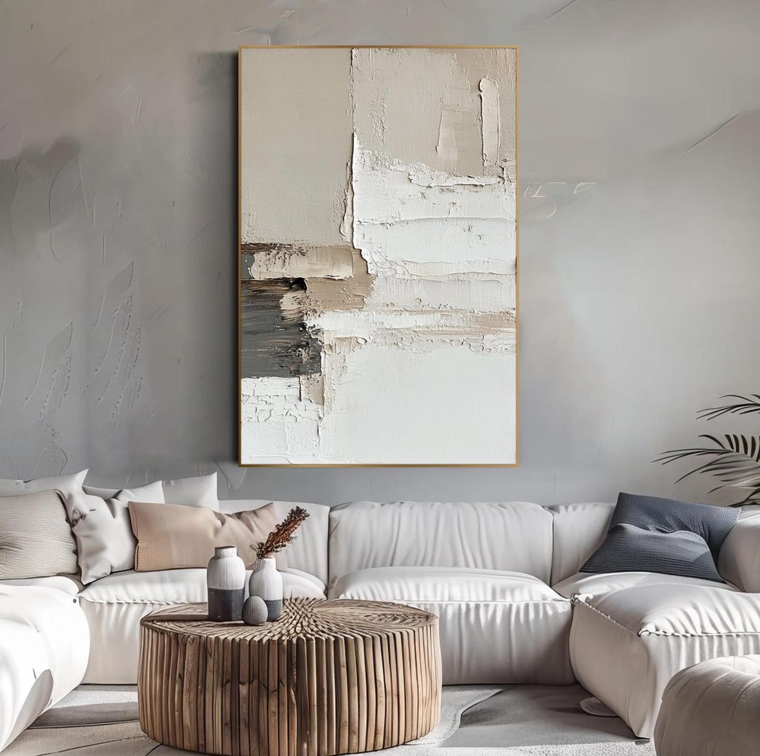 Neutral Textured Abstract Oil Painting Minimalist Modern Wall Art Beige ...