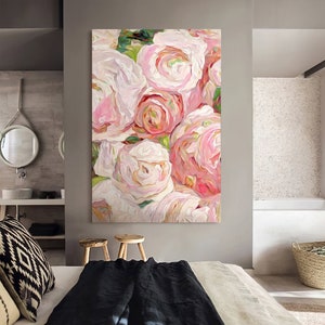 Pink Rose Oil Painting on Canvas Original Large Flower Wall Art Boho ...