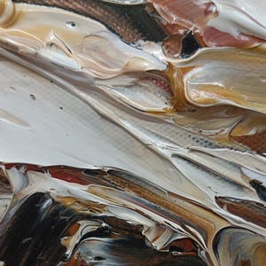 May include: An abstract painting featuring thick, layered impasto brushstrokes in a palette of white, cream, tan, brown, and black. The paint is applied with visible texture, creating swirling patterns and ridges across the canvas surface.