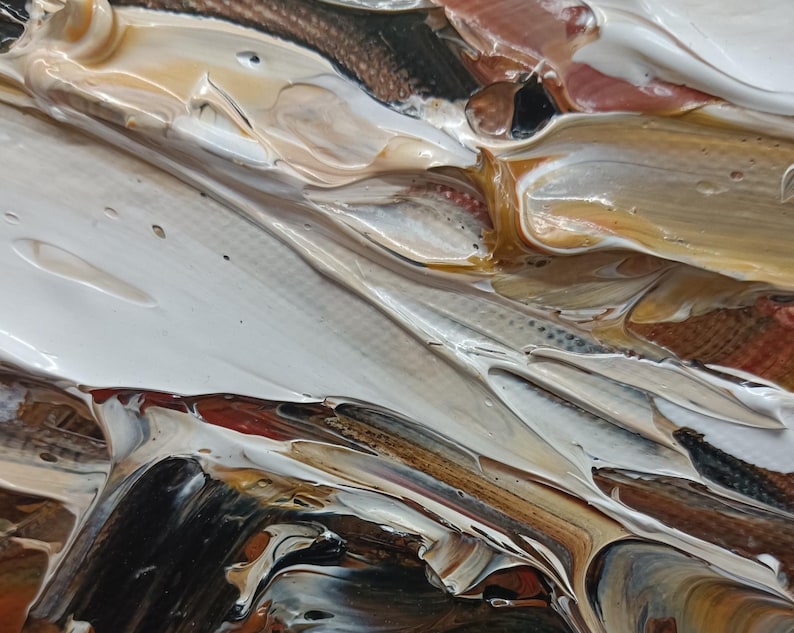 May include: An abstract painting featuring thick, layered impasto brushstrokes in a palette of white, cream, tan, brown, and black. The paint is applied with visible texture, creating swirling patterns and ridges across the canvas surface.