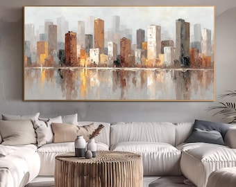 Pintura al óleo de paisaje urbano abstracto, lienzo grande, arte de pared, arte de pared abstracto moderno, arte de pared de horizonte urbano, arte de pared para sala de estar, decoración de pared de oficina