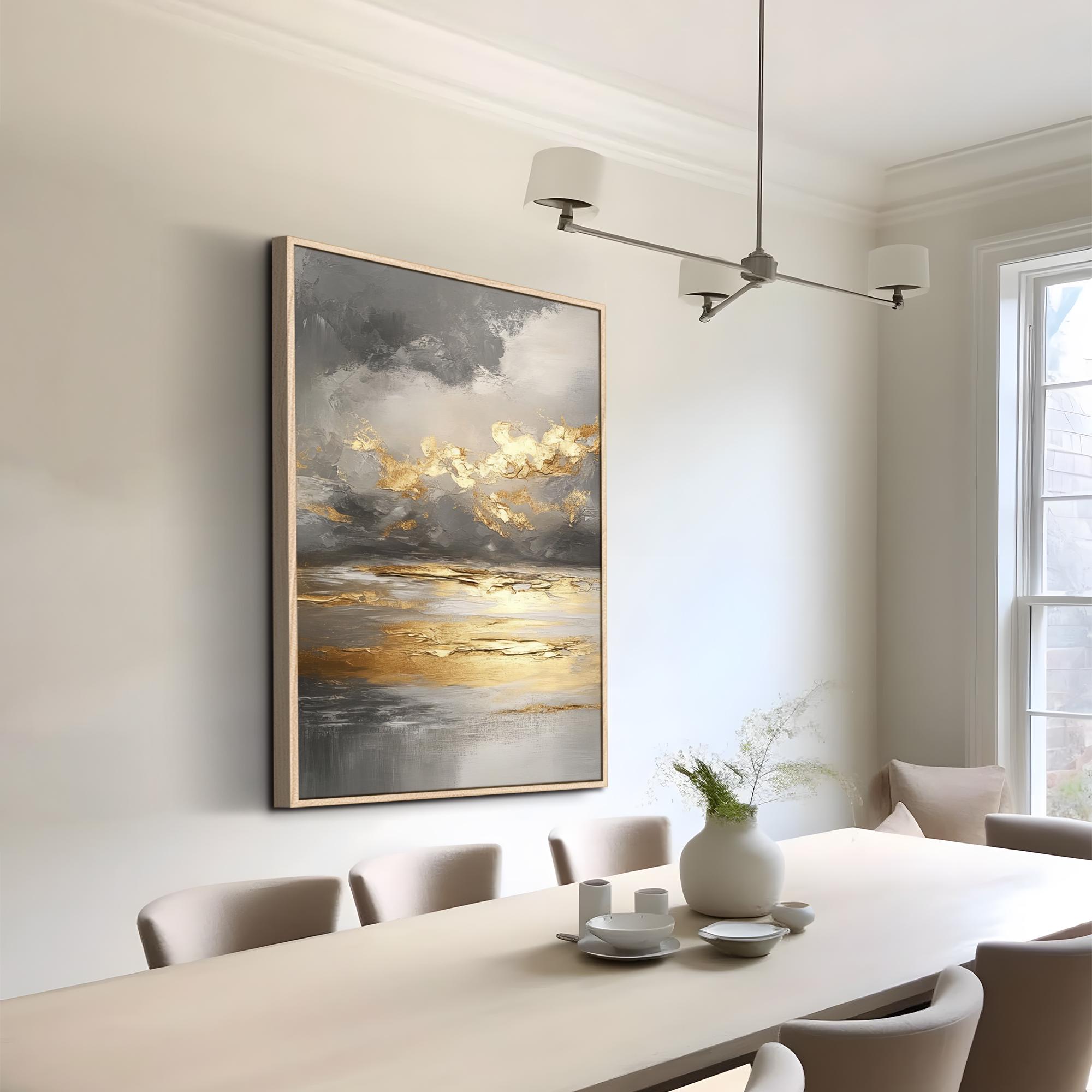 Abstract Gold Leaf Oil Painting Sunset Textured Wall Art Grey Gold ...