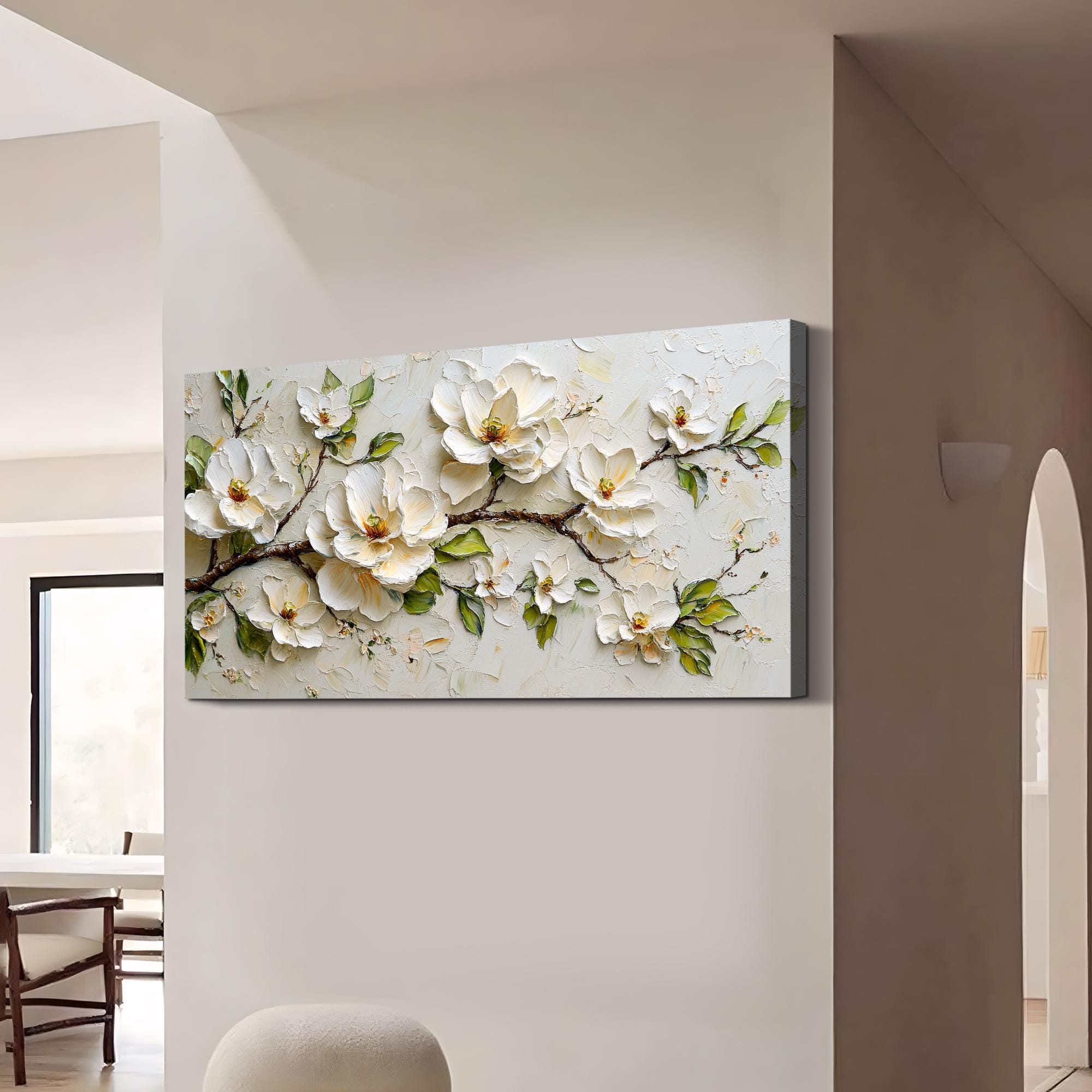 Textured Floral Wall Art Cream Blossom Oil Painting 3D Flower Canvas ...