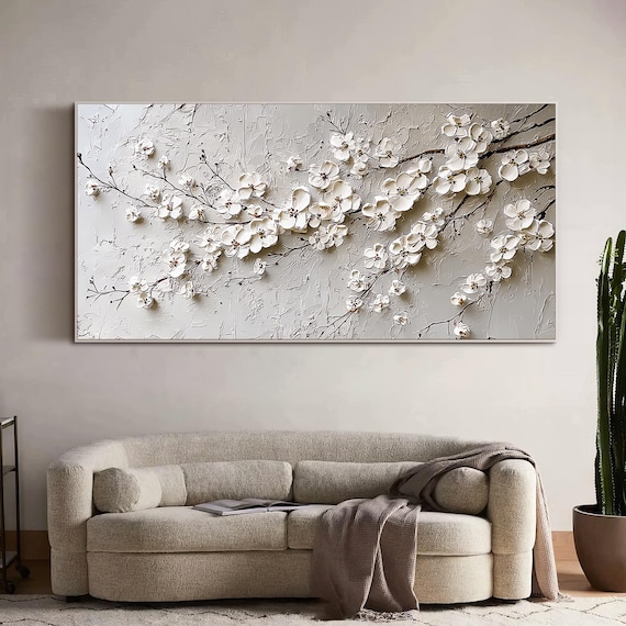 3D Textured Flower Painting White Blossom Wall Art Large Neutral Wall Art Floral Artwork Modern Minimalist Wall Art Boho Botanical Wall Art