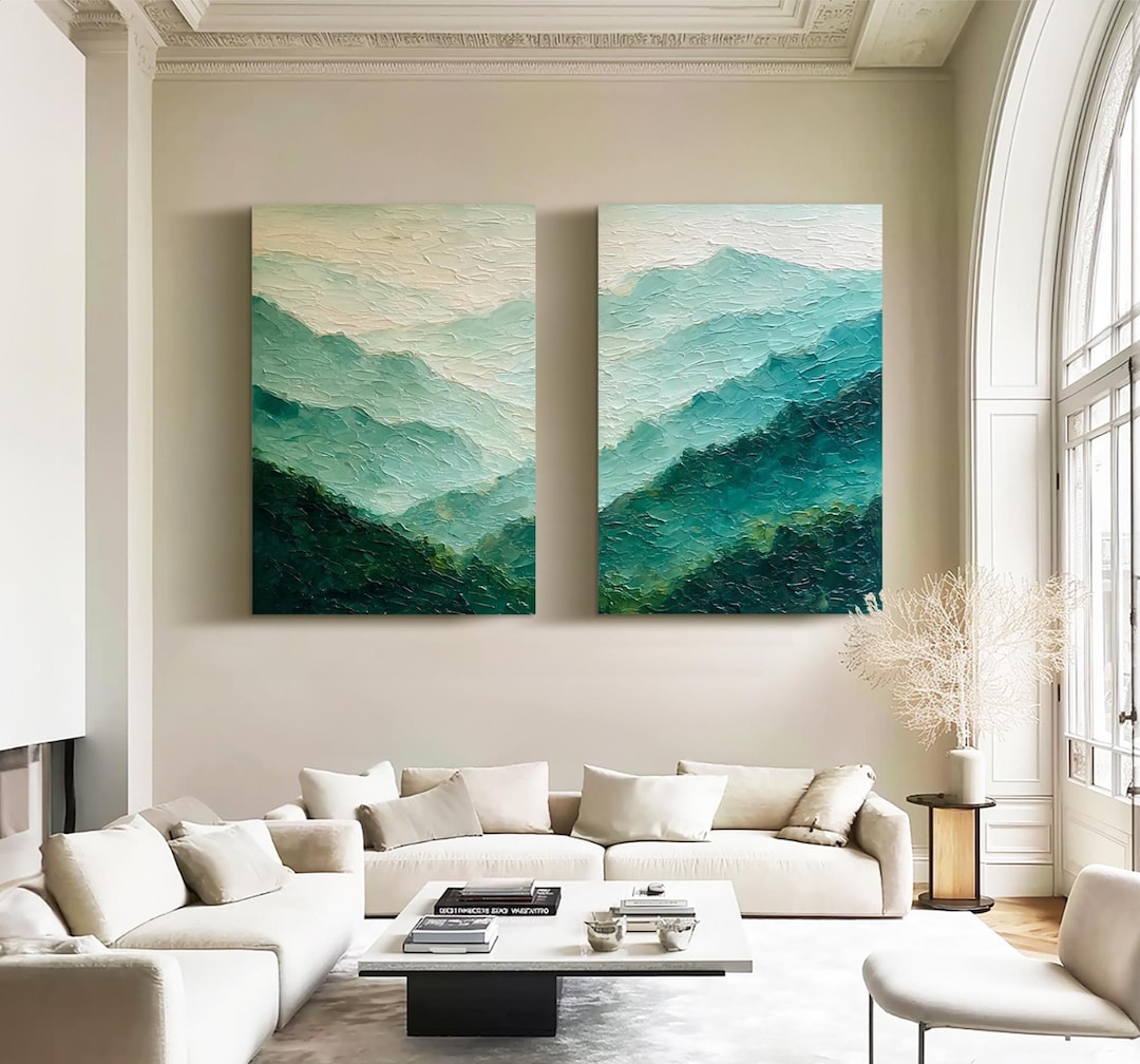 Mountain Landscape Oil Painting Large Green Wall Art Set of 2 Textured ...