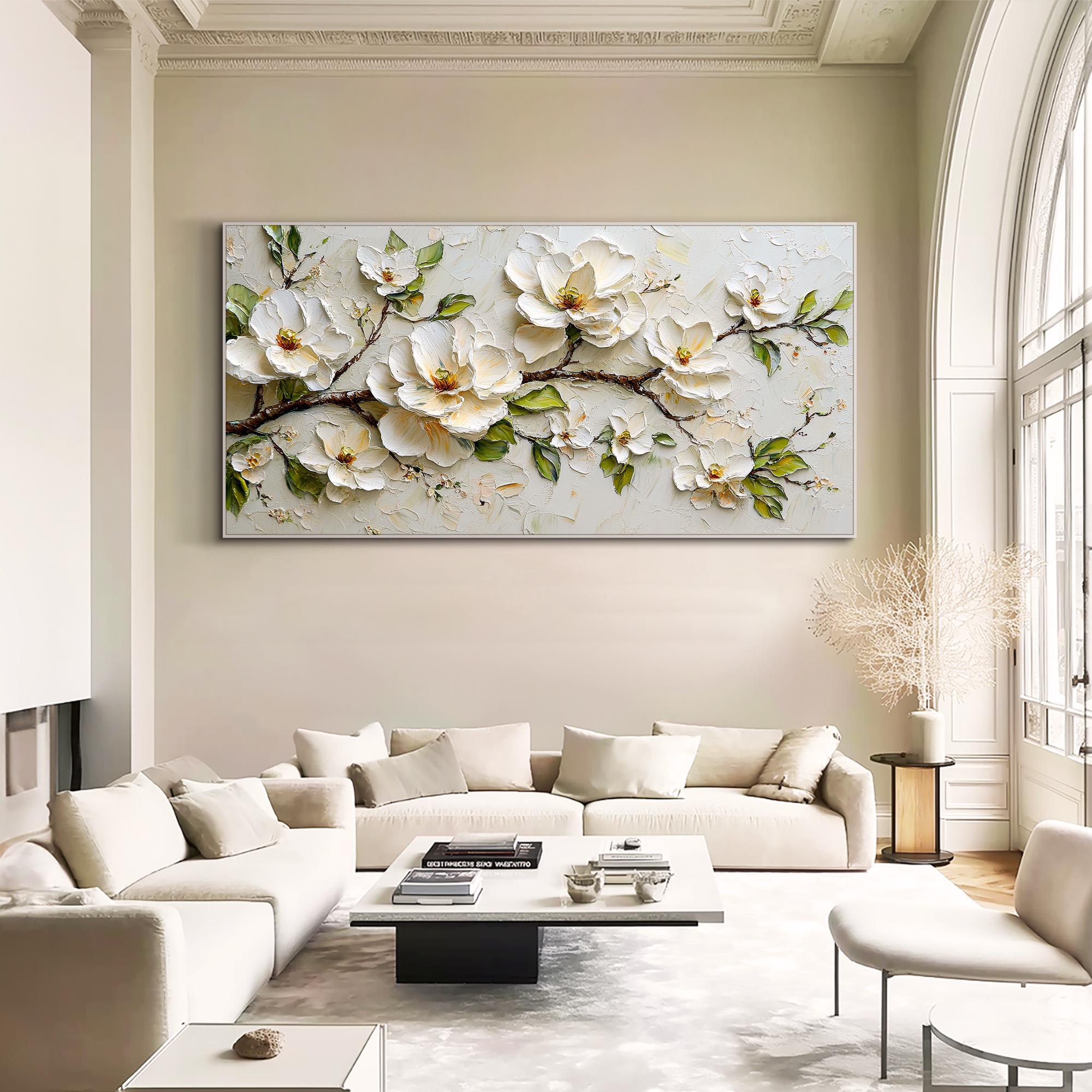 Textured Floral Wall Art Cream Blossom Oil Painting 3D Flower Canvas ...