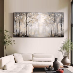May include: A long, horizontal painting depicting a misty forest scene with tall, slender trees in shades of gray and white. The trees are clustered together, creating a sense of depth and mystery. The background is a soft, hazy gray, suggesting a foggy or overcast day. The painting has a calming and serene atmosphere.