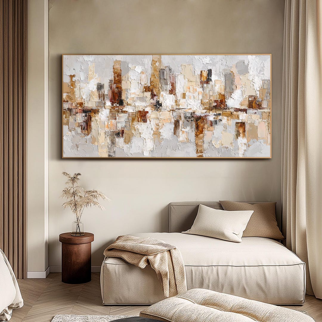 Geometric Abstract Oil Painting Neutral Textured Wall Art Modern Living ...