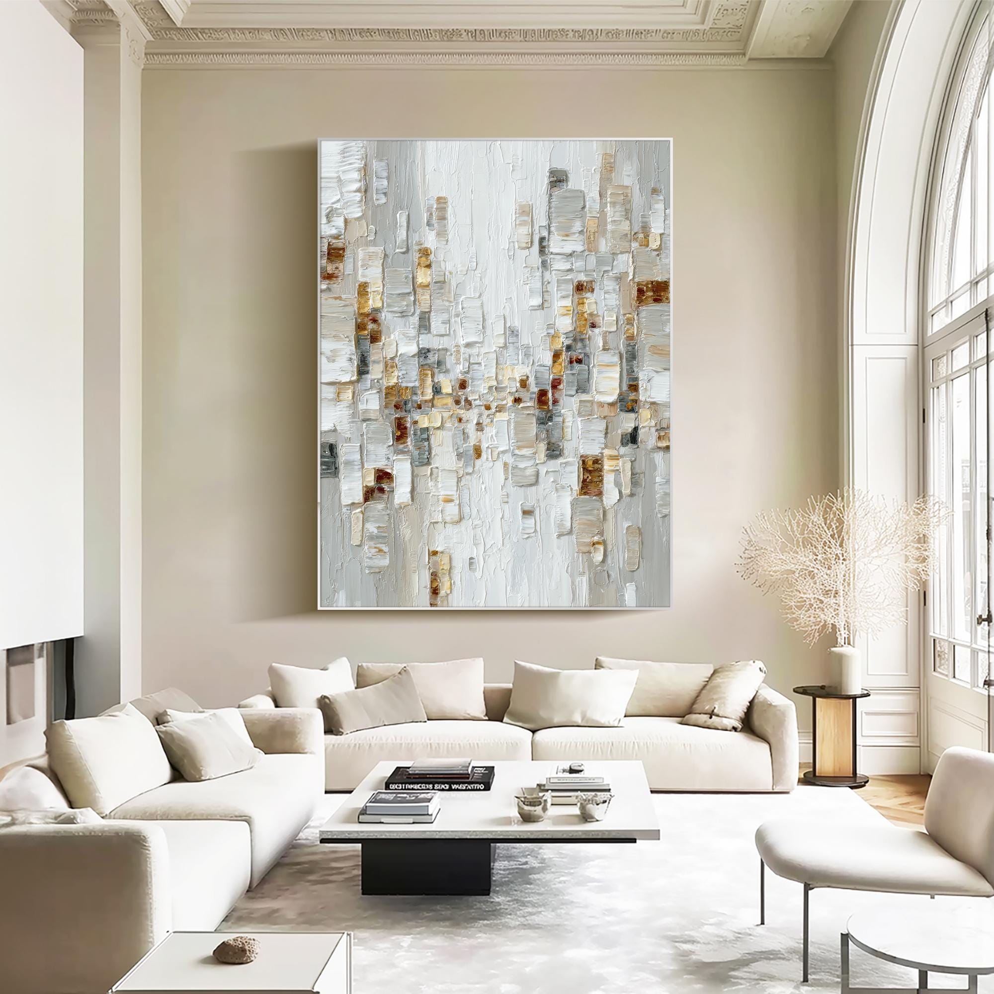 Modern Abstract Wall Art Large Textured Oil Painting Neutral Gold Grey ...