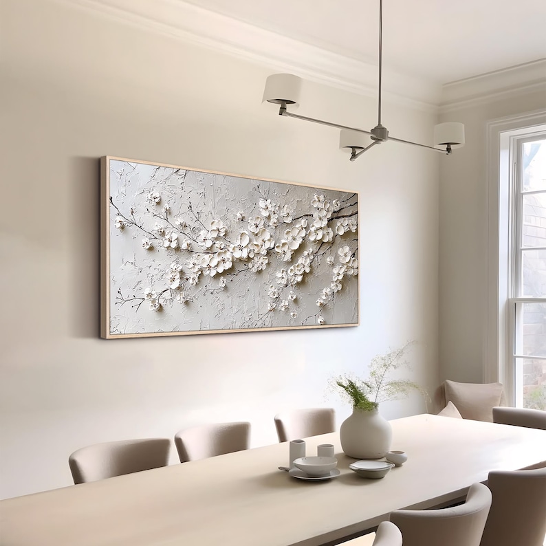 3D Textured Flower Painting White Blossom Wall Art Large Neutral Wall Art Floral Artwork Modern Minimalist Wall Art Boho Botanical Wall Art image 5