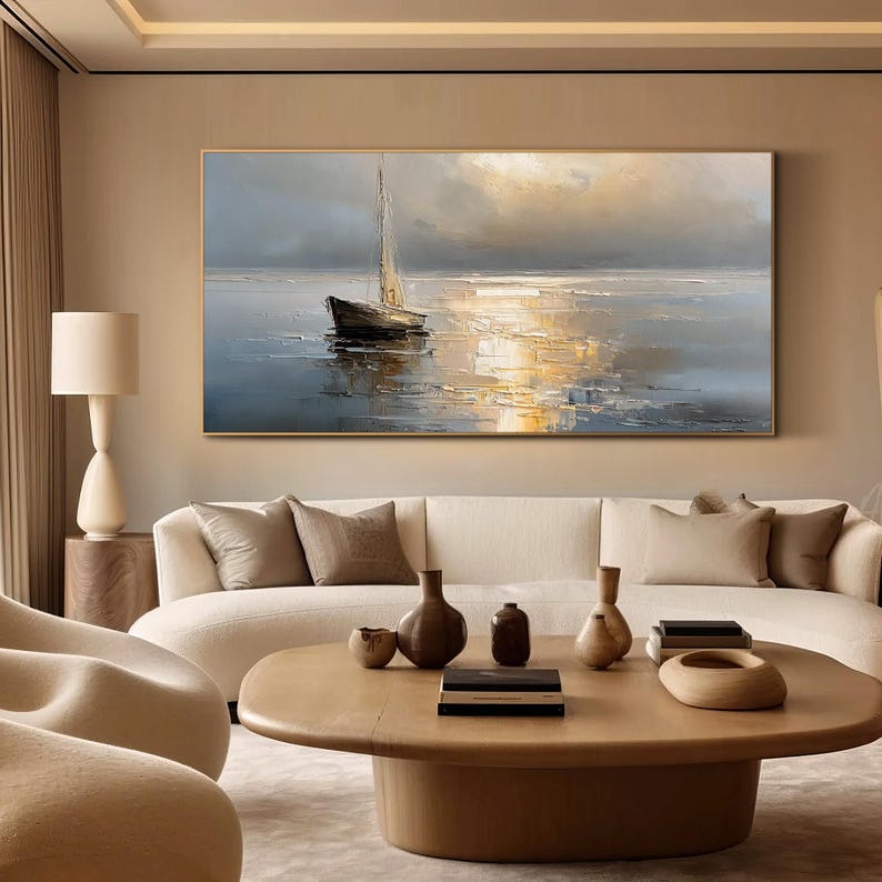 Original Ocean Wave Oil Painting Gold Textured Seascape Wall Art ...