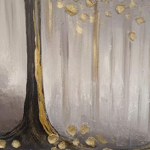 May include: A textured painting featuring a dark brown tree trunk with a vertical gold accent line. The background consists of vertical gray and white brushstrokes. Gold metallic circular shapes represent leaves on the branches and scattered on the ground.