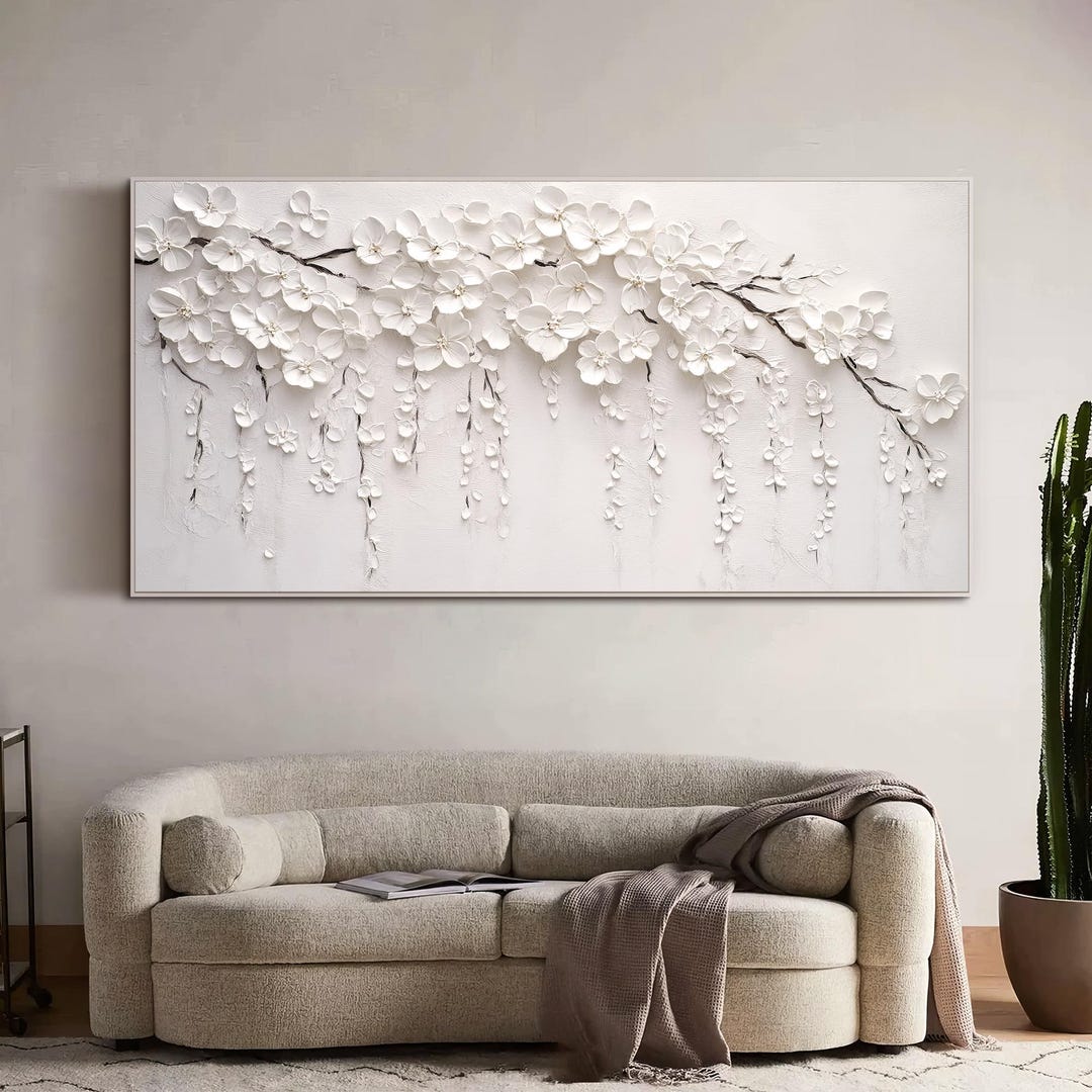 Textured White Floral Wall Art 3D Flower Canvas Art Neutral Wall Decor ...