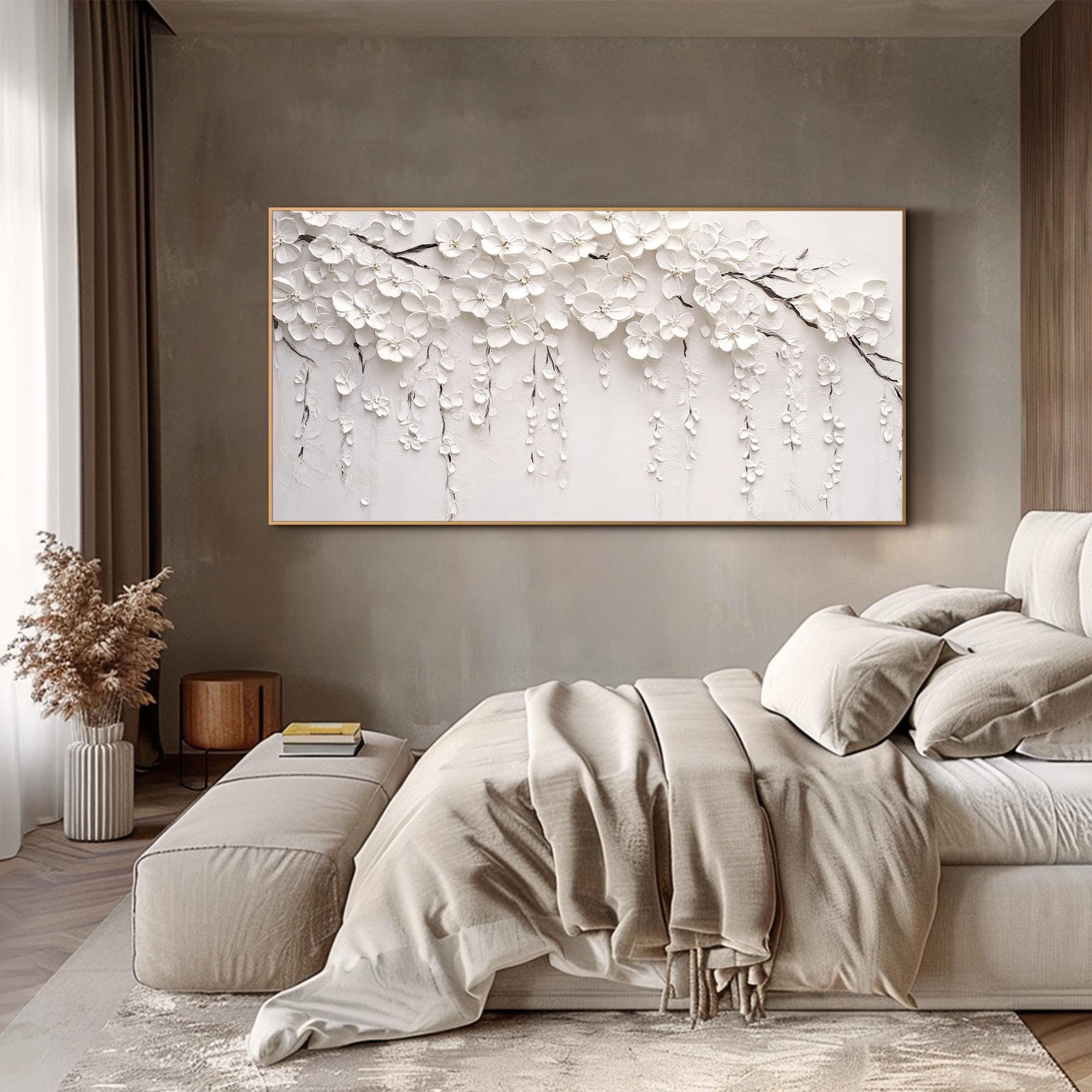 Textured White Floral Wall Art 3D Flower Canvas Art Neutral Wall Decor ...