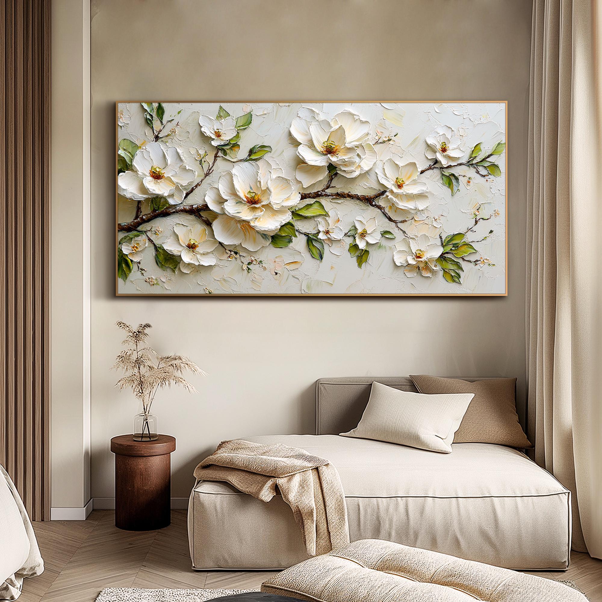 Textured Floral Wall Art Cream Blossom Oil Painting 3D Flower Canvas ...