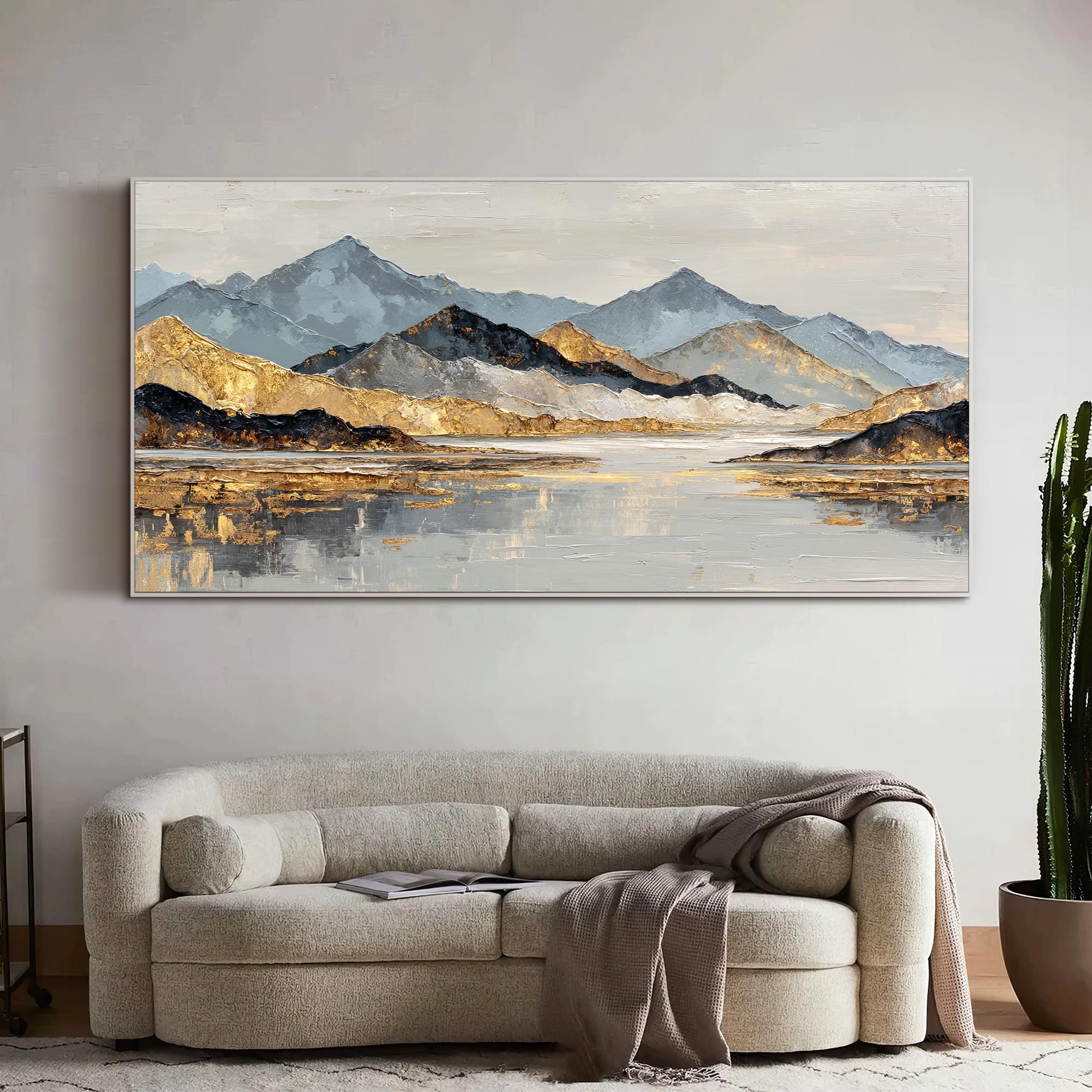 Large Abstract Wall Art Mountain Landscape Oil Painting Gold Gray ...