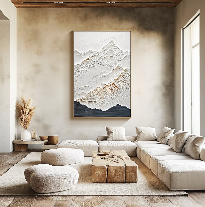 Peinture abstraite de montagne sur toile, art mural texturé, décoration murale bohème blanche, grande oeuvre d'art murale 3D moderne pour salon, décoration de bureau image 5