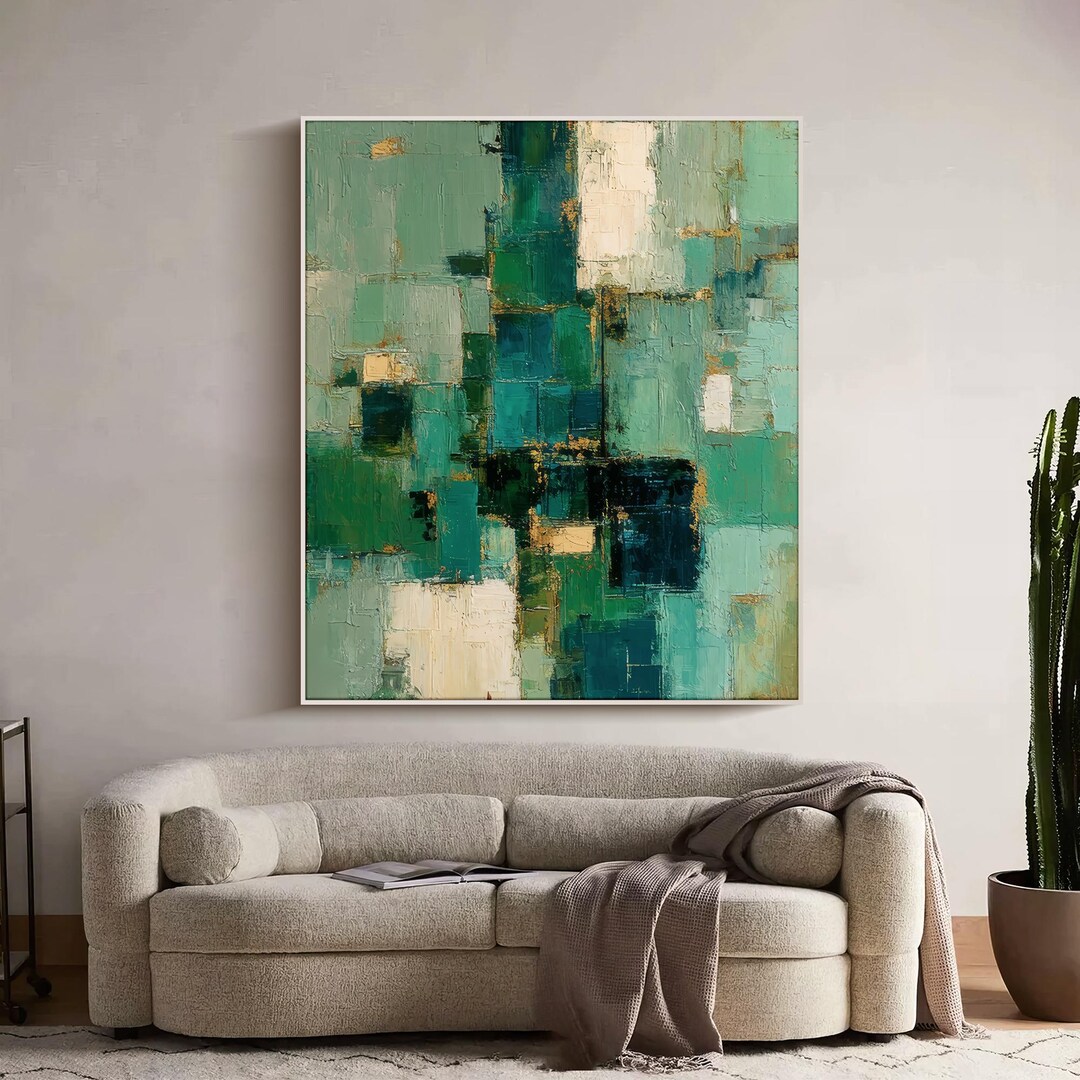 Handmade Abstract Oil Painting Green Textured Wall Art Geometric Wall ...