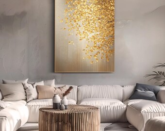 キャンバスに描かれた金箔の木の油絵。質感のあるメタリックな壁アート