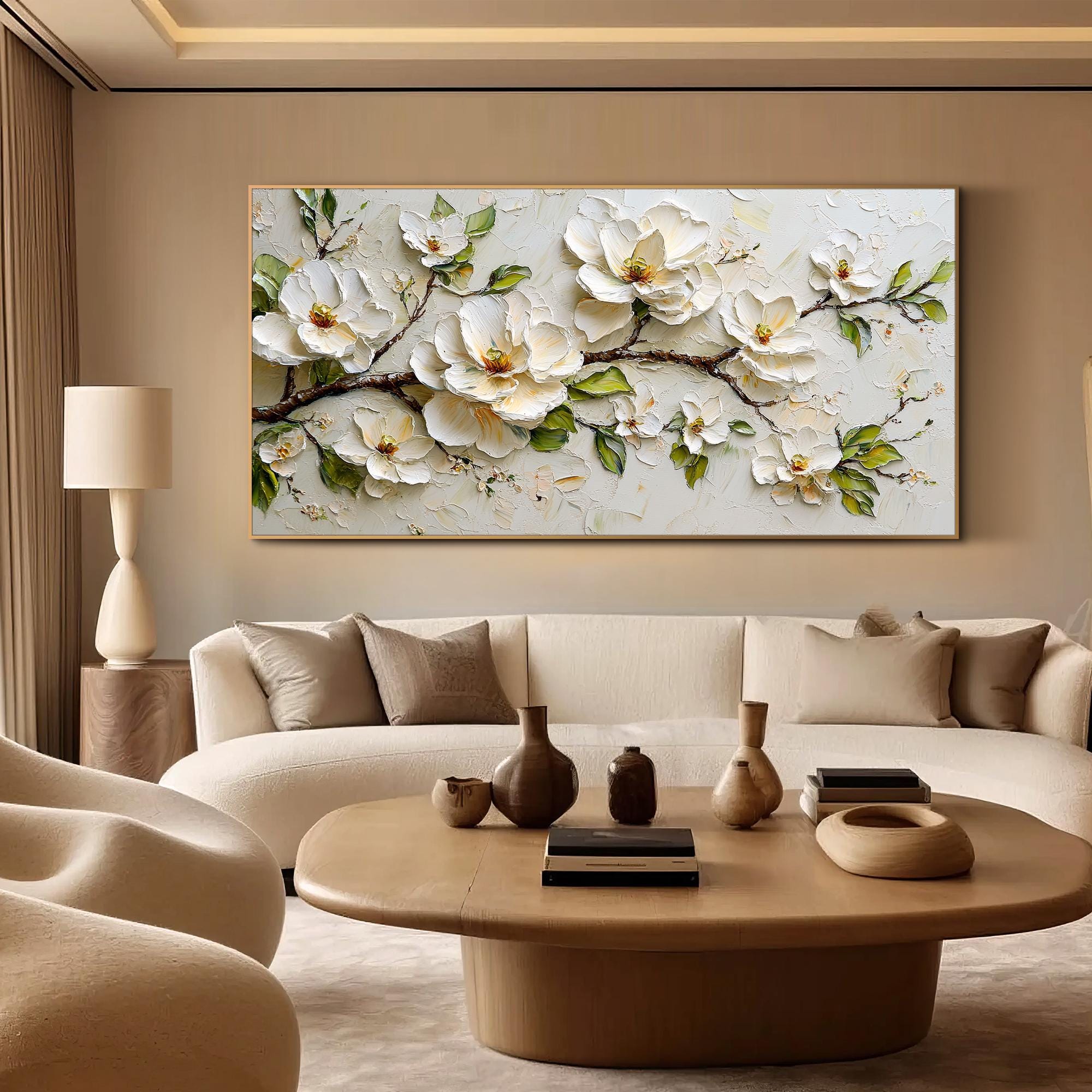 Textured Floral Wall Art Cream Blossom Oil Painting 3D Flower Canvas ...