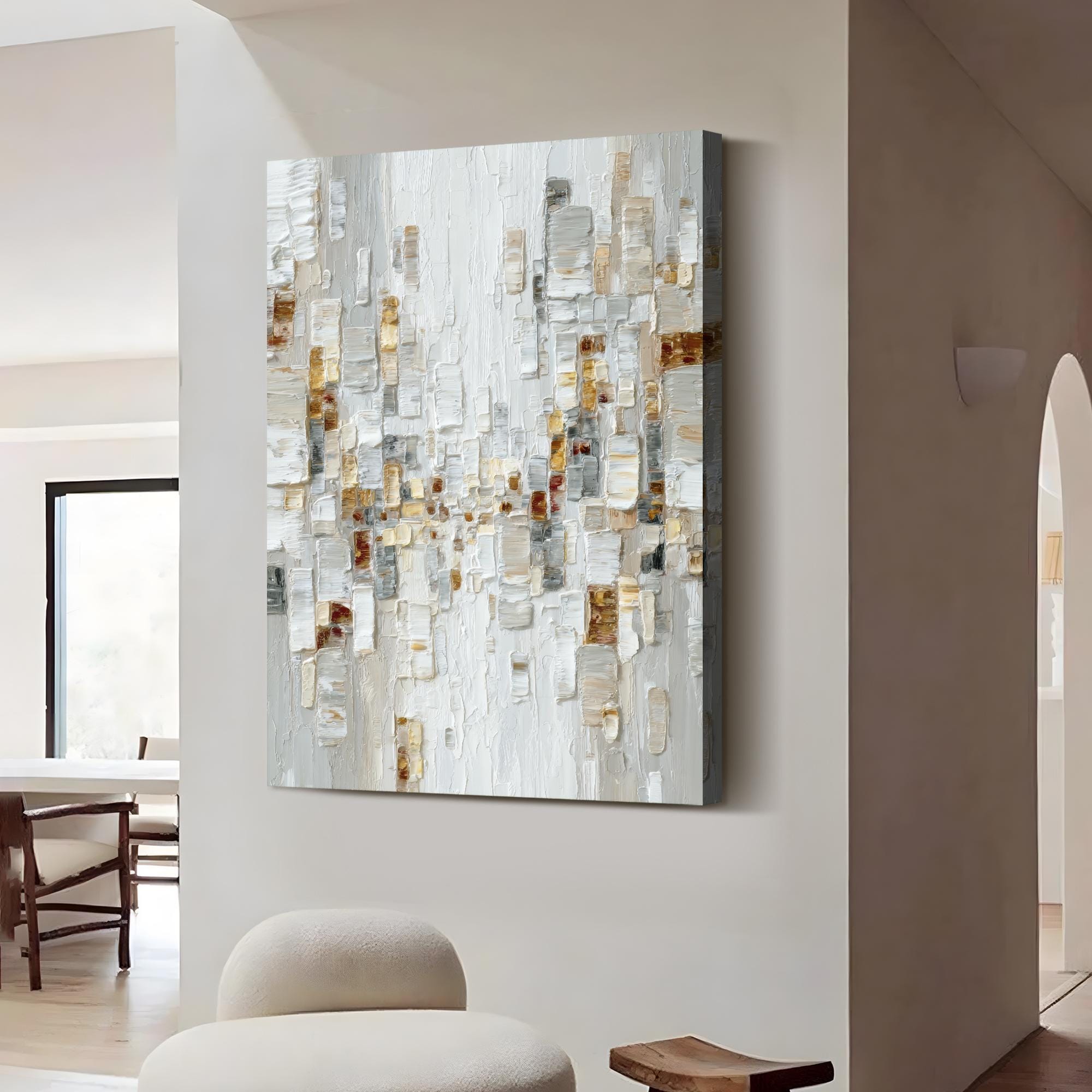 Modern Abstract Wall Art Large Textured Oil Painting Neutral Gold Grey ...