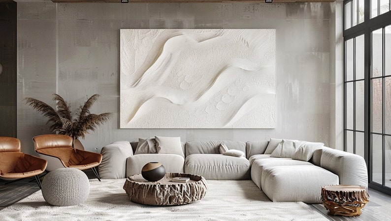Grande peinture abstraite blanche avec texture, grande oeuvre d'art murale en plâtre 3D, oeuvre d'art murale wabi-sabi, art mural minimaliste moderne, cadeau personnalisé image 3