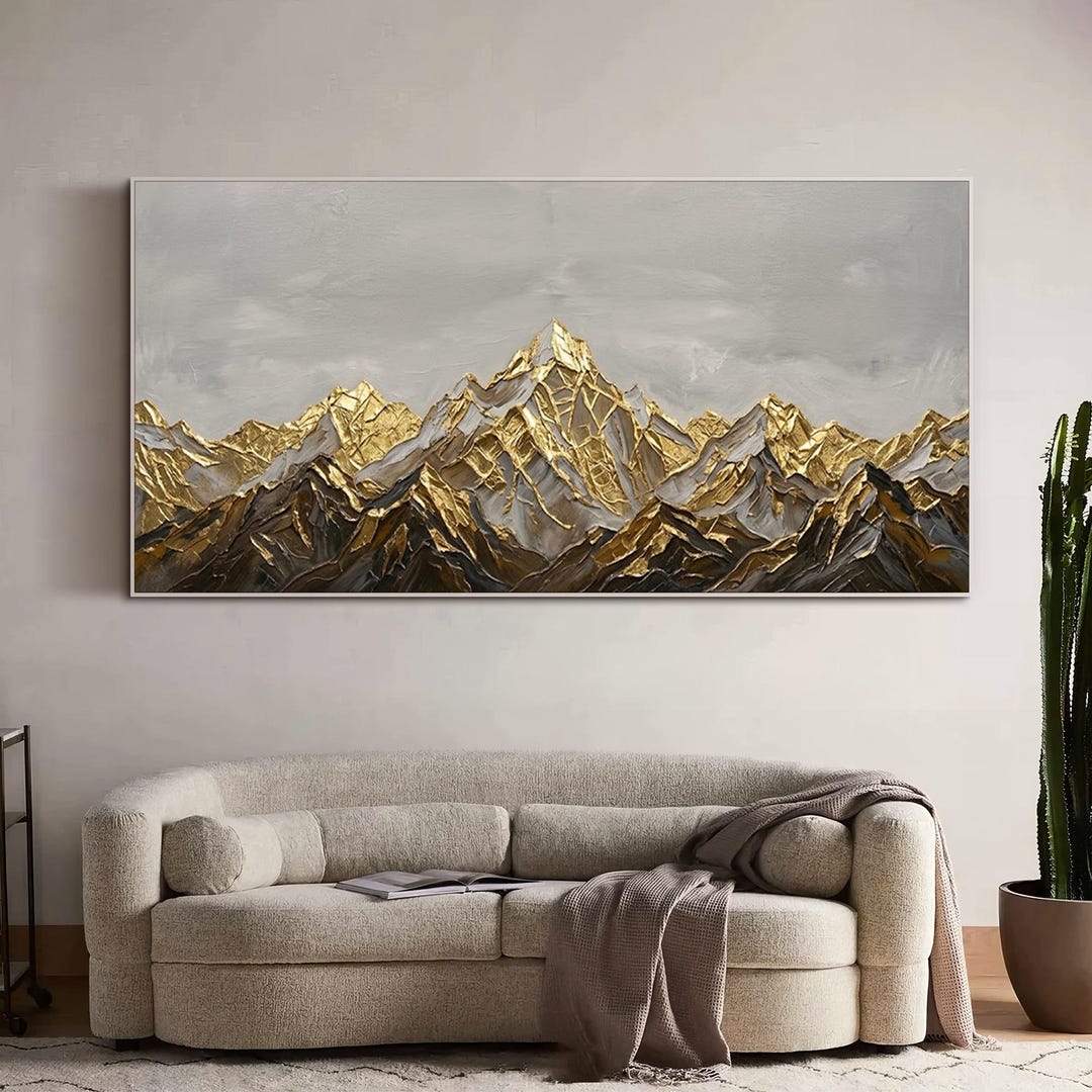 Original Mountain Oil Painting Neutral Landscape Wall Art Living Room ...