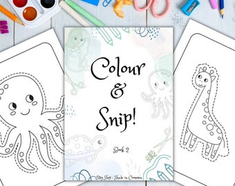 Printable Digital Kids Colouring Book, COLOUR & SNIP Book 2, with scissor skills, Pages Download