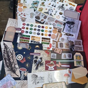 Mélange de 45 pièces et plus pour sac poubelle - chutes - autocollants - rétro-vintage - floral - céleste - éphémère - mystère - nature - papier - papier cartonné