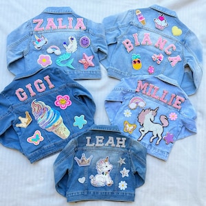 Girls Patch Denim Jean Jacket with 5 Patches Personalised Jacket, Kids Custom Denim Jacket