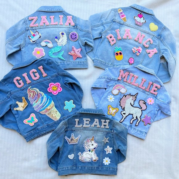 Girls Patch Denim Jean Jacket with 5 Patches Personalised Jacket, Kids Custom Denim Jacket