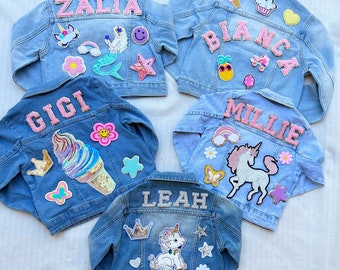Girls Personalized Denim Jacket with Patches, Custom Kids Jean Jacket