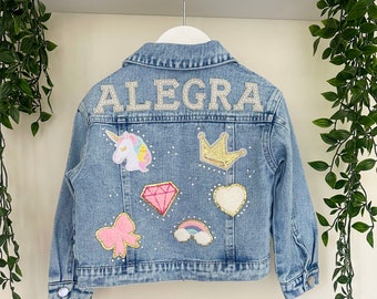 Girls Patch Denim Jean Jacket with Pearl Letters, Personalised Jacket, Toddler Denim Jacket